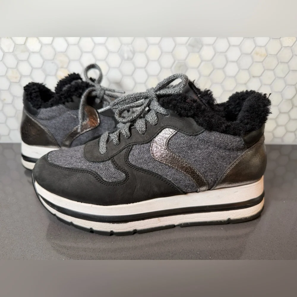 Voile Blanche Maran Fur Leather Shearling Platform Sneakers Black & Grey Sz 39